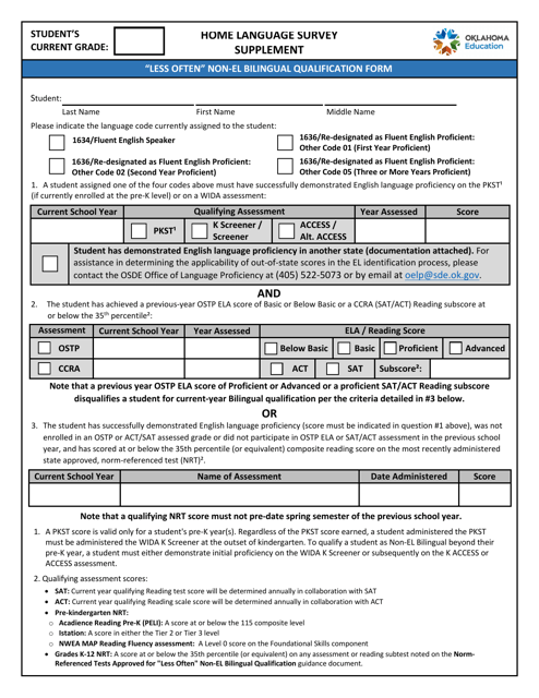 Home Language Survey Supplement - "less Often" Non-el Bilingual Qualification Form - Oklahoma Download Pdf