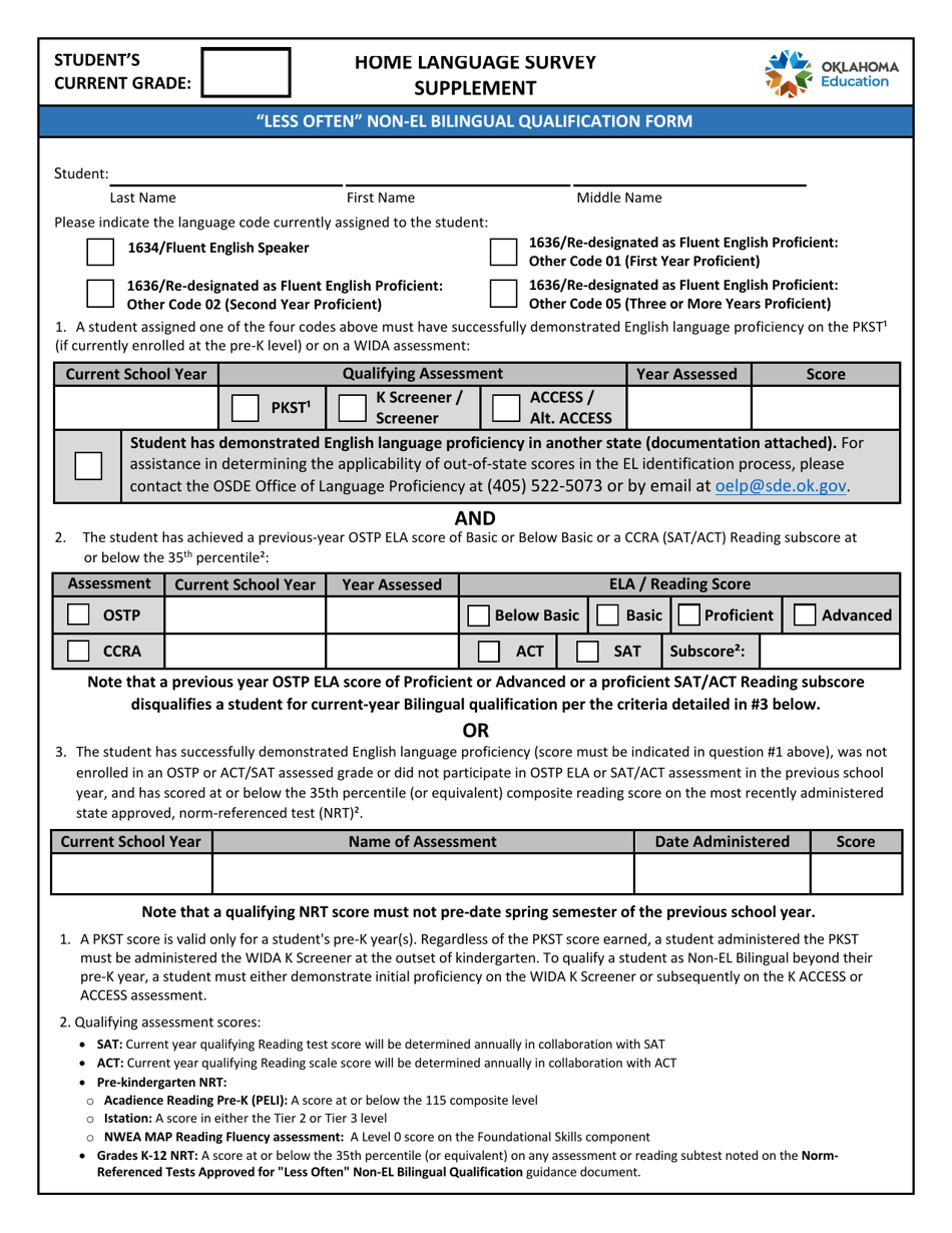 Home Language Survey Supplement - less Often Non-el Bilingual Qualification Form - Oklahoma, Page 1