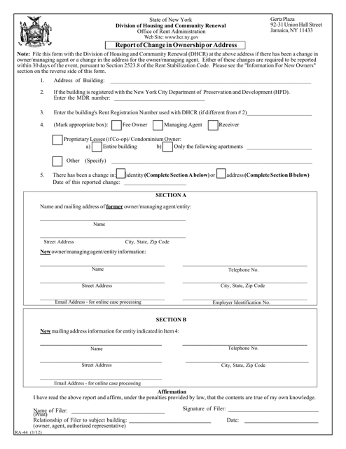 Form RA-44 Report of Change in Ownership or Address - New York