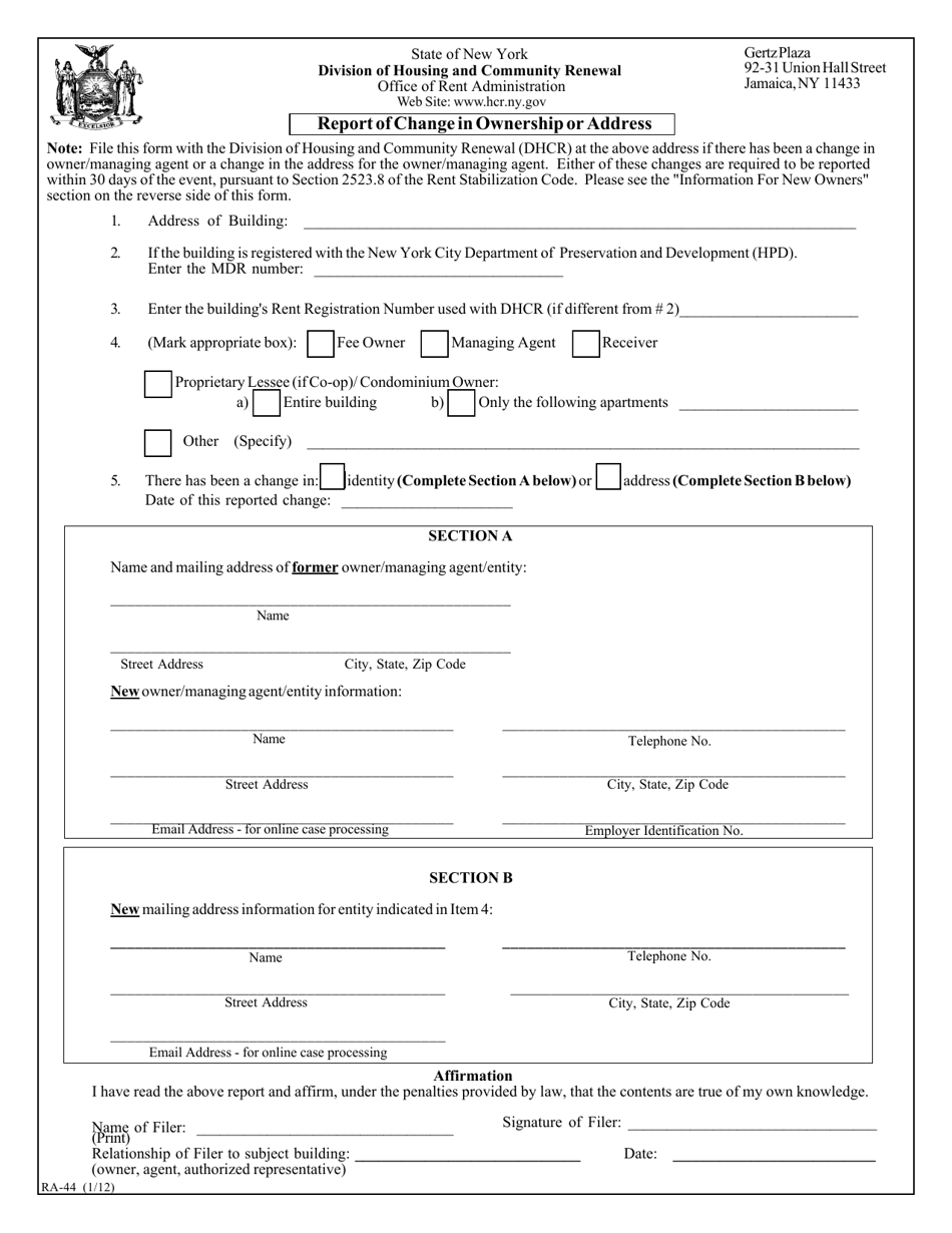Form RA-44 Report of Change in Ownership or Address - New York, Page 1