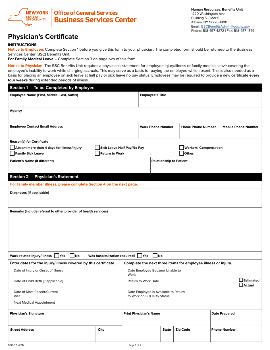 Form BSC-B2 Physicians Certificate - New York, Page 1