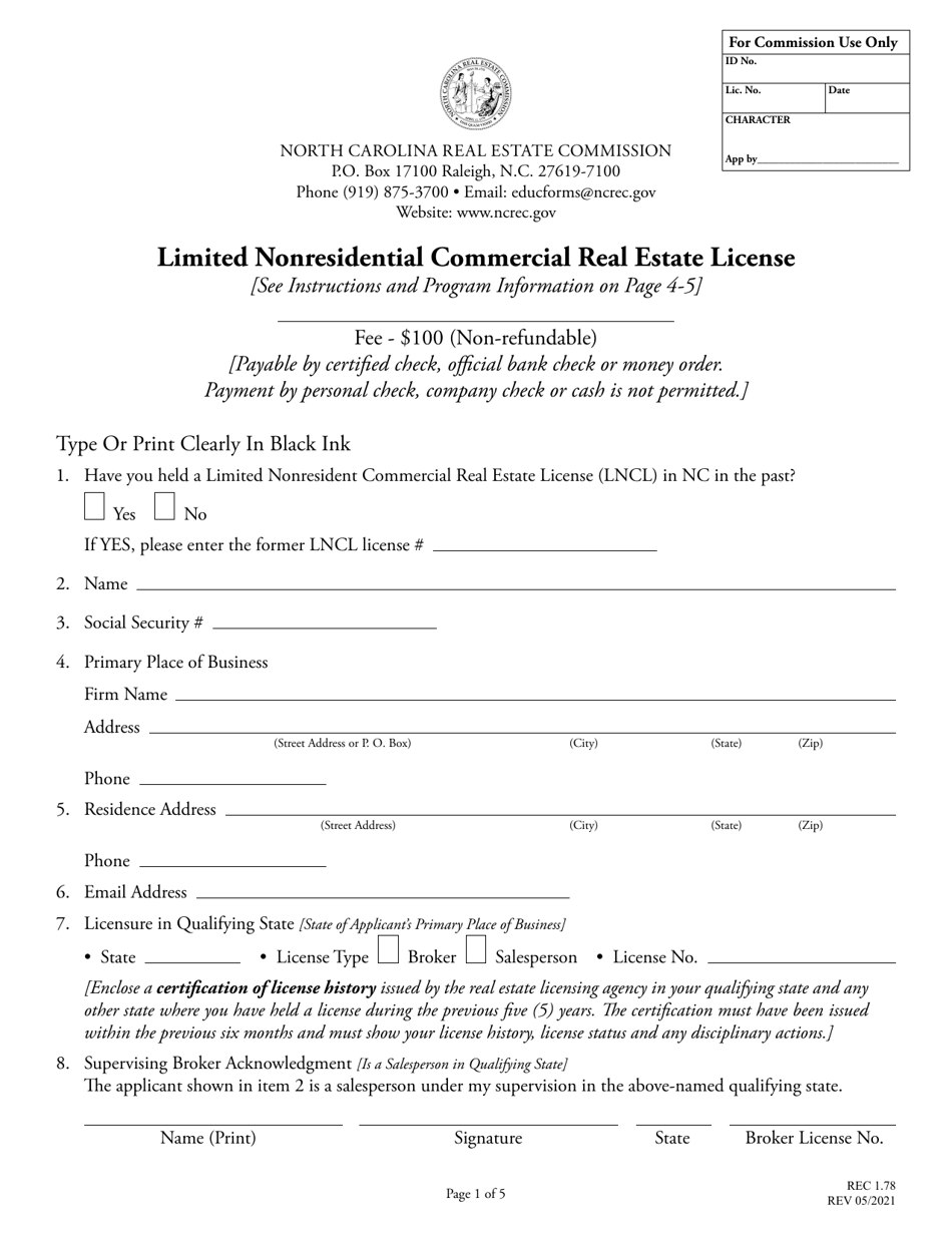 Form REC1.78 Limited Nonresidential Commercial Real Estate License - North Carolina, Page 1