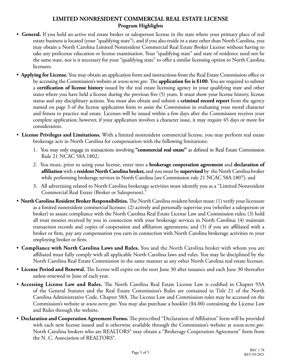 Form REC1.78 Limited Nonresidential Commercial Real Estate License - North Carolina, Page 5