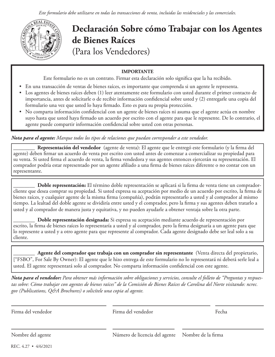 Formulario REC4.27 Declaracion Sobre Como Trabajar Con Los Agentes De Bienes Raices (Para Los Vendedores) - North Carolina (Spanish), Page 1