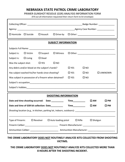 Primer Gunshot Residue (Gsr) Analysis Information Form - Nebraska Download Pdf