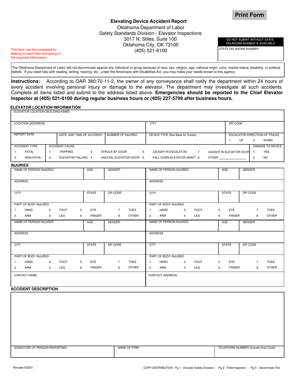 Elevating Device Accident Report - Oklahoma, Page 1