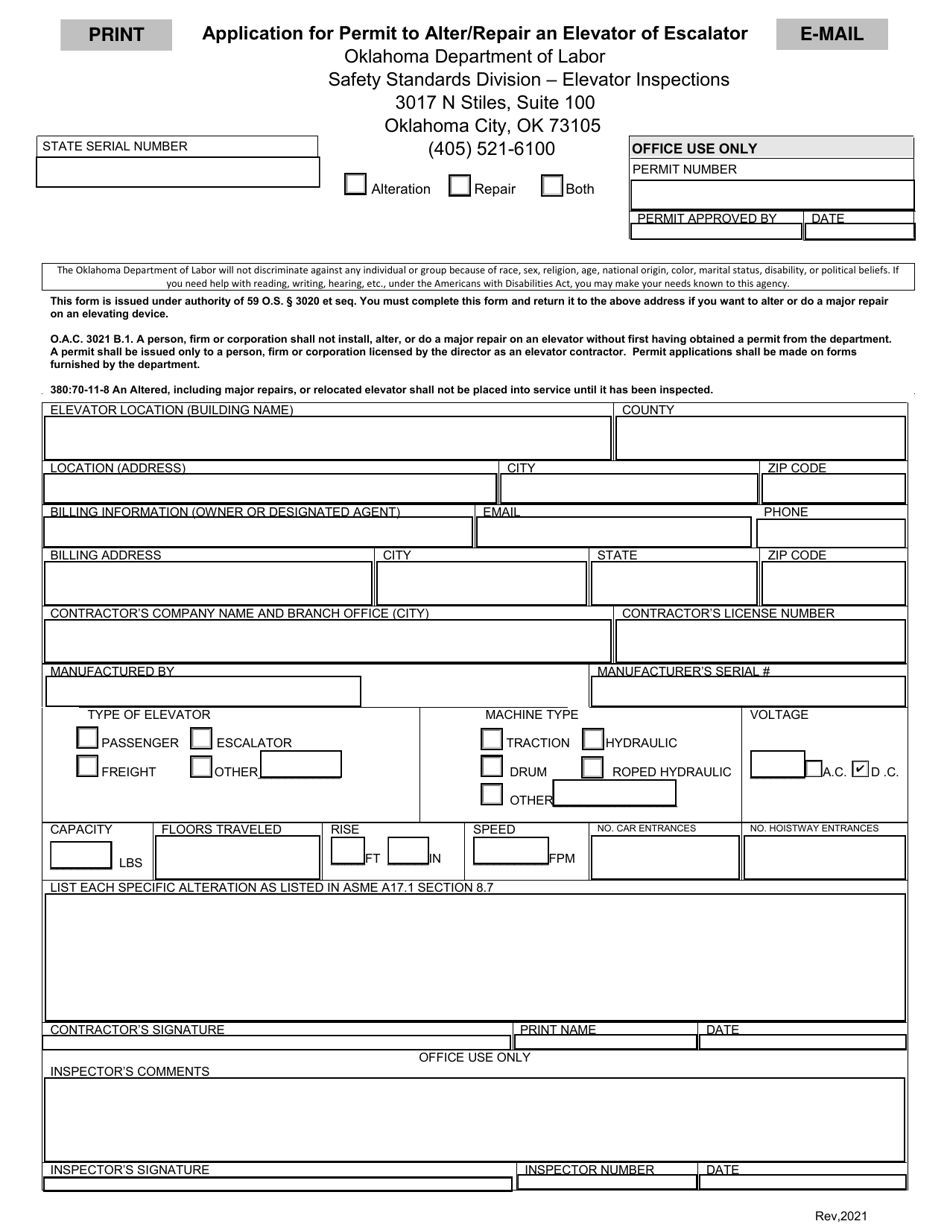 Application for Permit to Alter / Repair an Elevator or Escalator - Oklahoma, Page 1