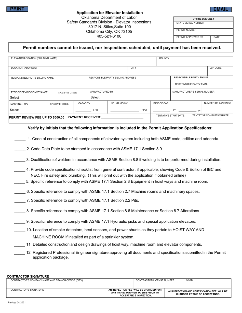 Application for Elevator Installation - Oklahoma, Page 1