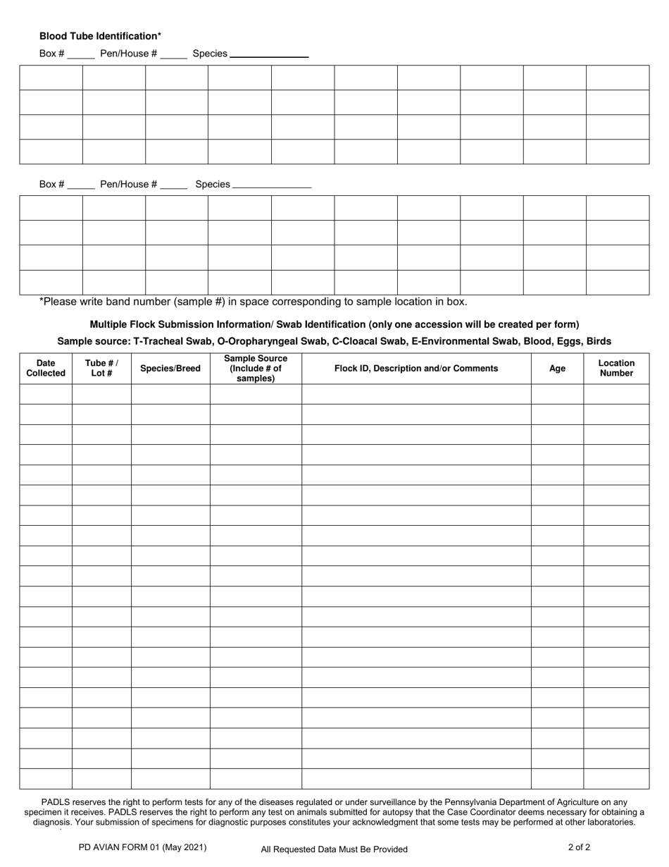 PD AVIAN Form 01 Avian Sample Submission Form - Pennsylvania, Page 2