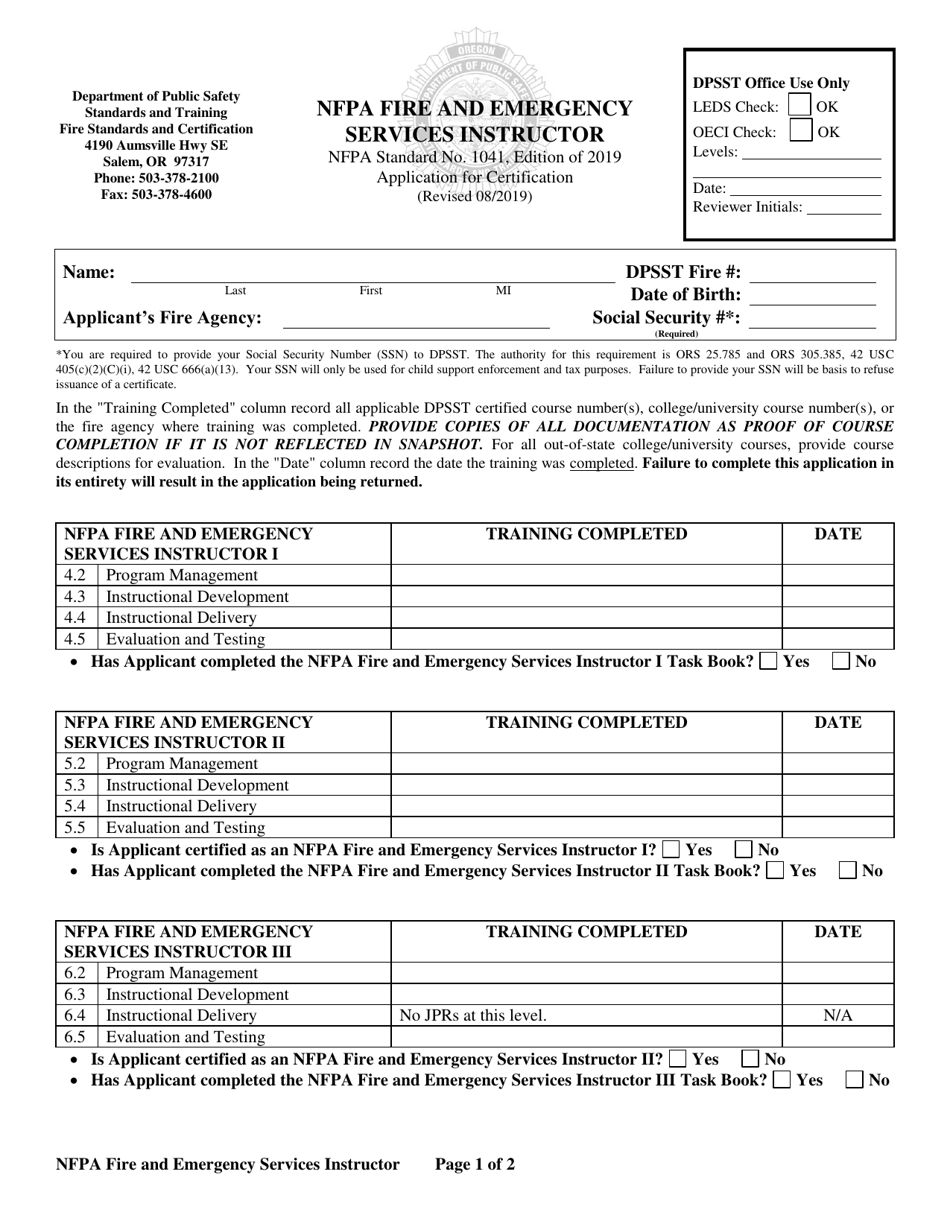NFPA Fire and Emergency Services Instructor Application for Certification - Oregon, Page 1