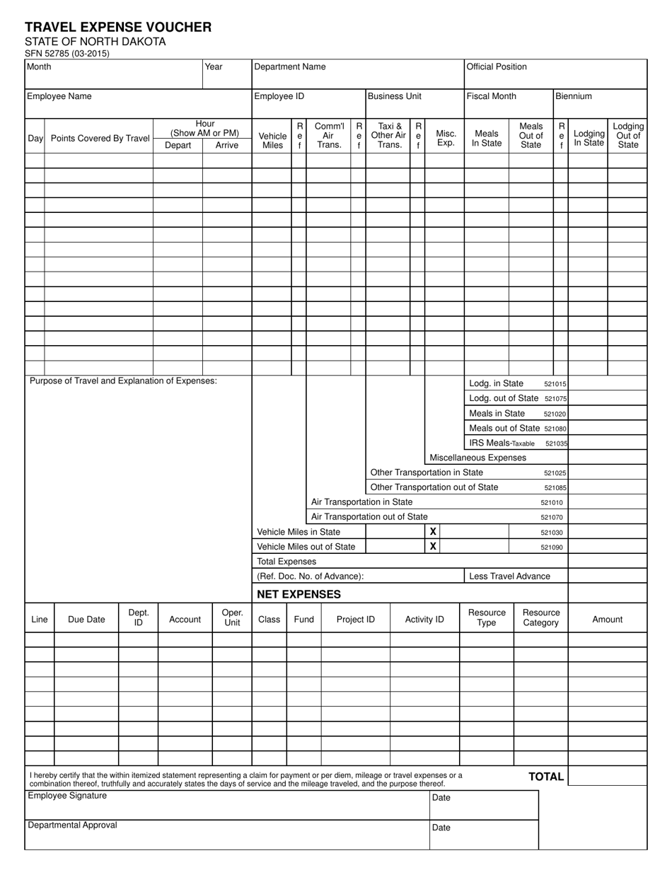 Form SFN52785 Travel Expense Voucher - North Dakota, Page 1