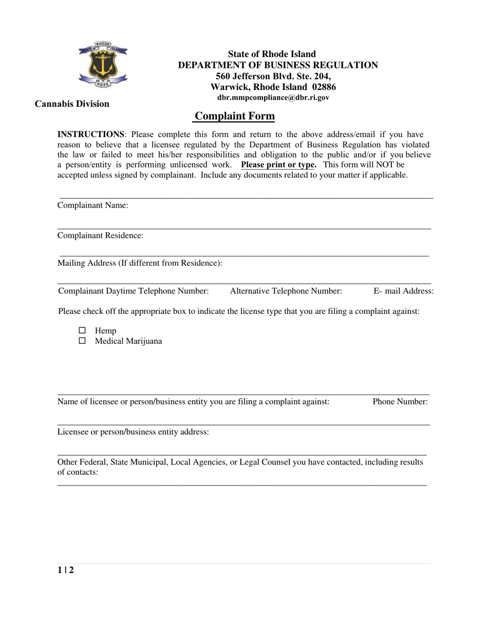 Cannabis Complaint Form - Rhode Island, Page 1