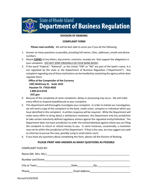 Division of Banking Complaint Form - Rhode Island Download Pdf