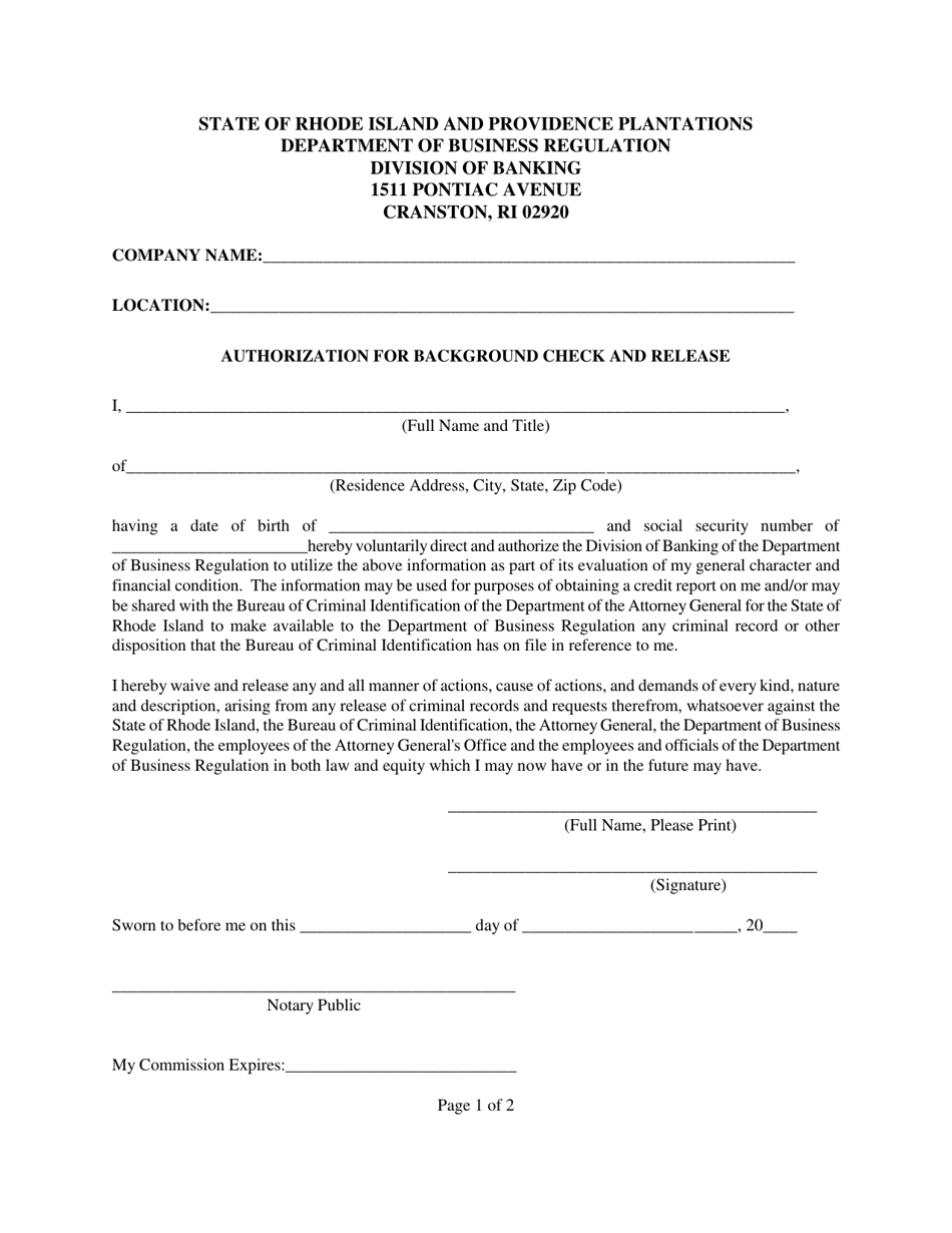 Authorization for Background Check and Release - Rhode Island, Page 1