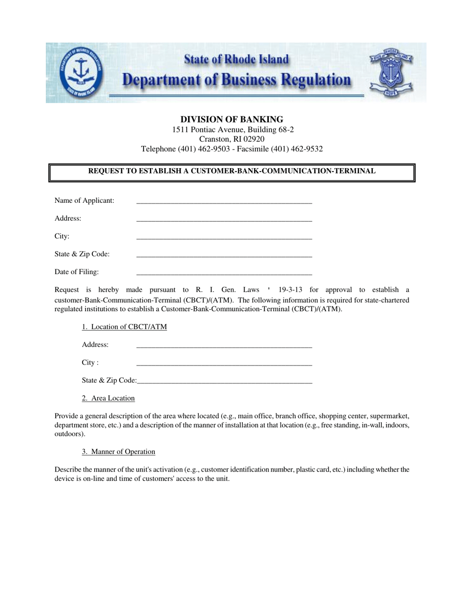 Request to Establish a Customer-Bank-Communication-Terminal - Rhode Island, Page 1