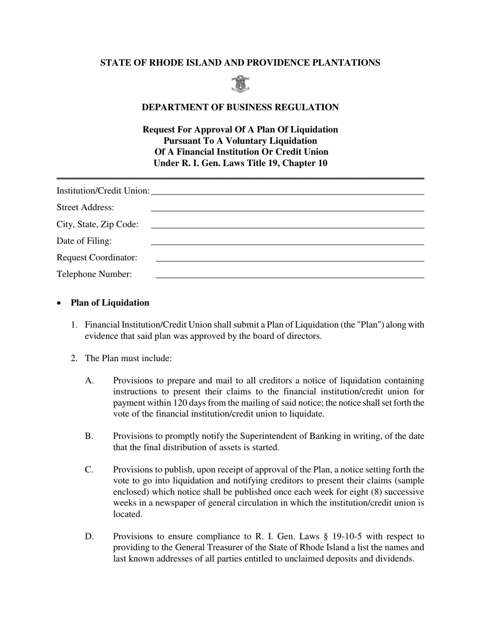 Request for Approval of a Plan of Liquidation Pursuant to a Voluntary Liquidation of a Financial Institution or Credit Union - Rhode Island, Page 1