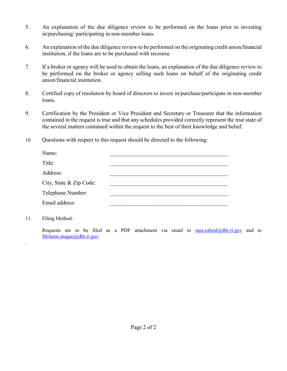 Request Pursuant to R. I. Gen. Laws 19-5-15(3)(IV) for Approval to Invest in / Purchase / Participate in Non-member Loans - Rhode Island, Page 2