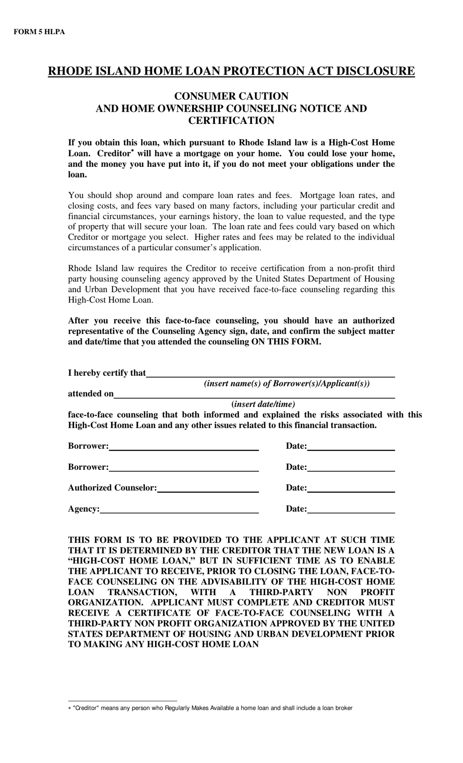 Form 5 Consumer Caution and Home Ownership Counseling Notice and Certification - Rhode Island, Page 1