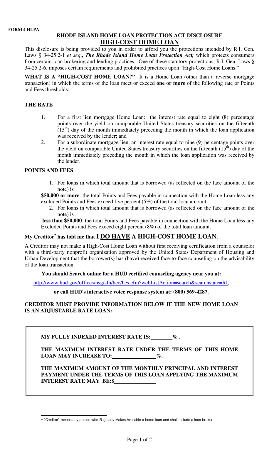 Form 4 Rhode Island Home Loan Protection Act Disclosure High-Cost Home Loan - Rhode Island, Page 1