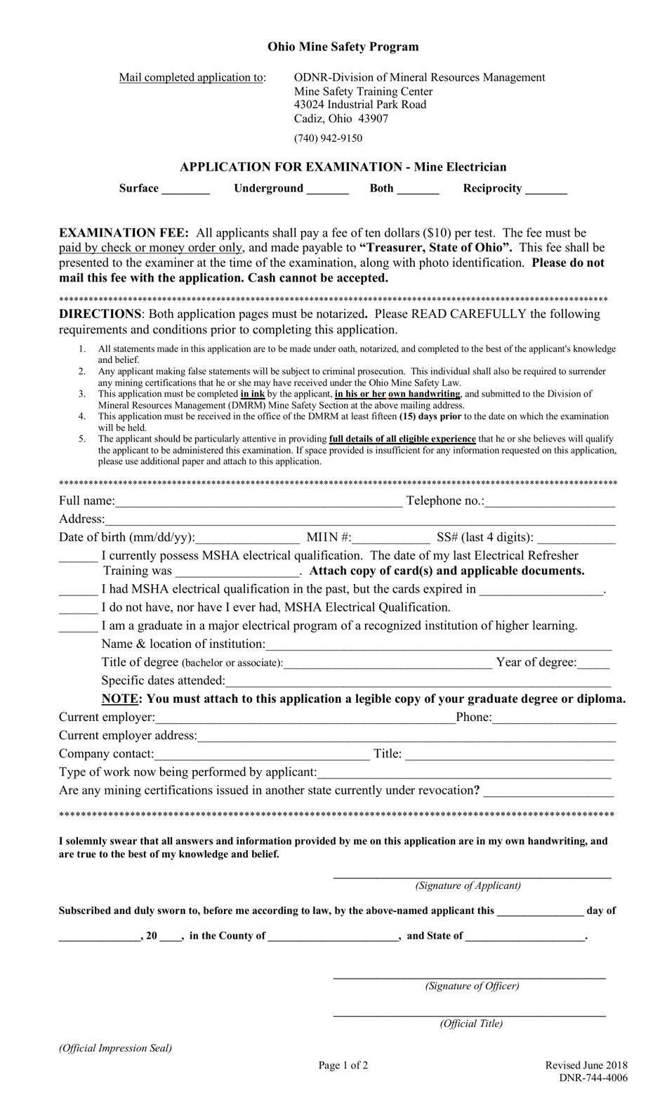Form DNR-744-4006 Application for Examination - Mine Electrician - Ohio, Page 1