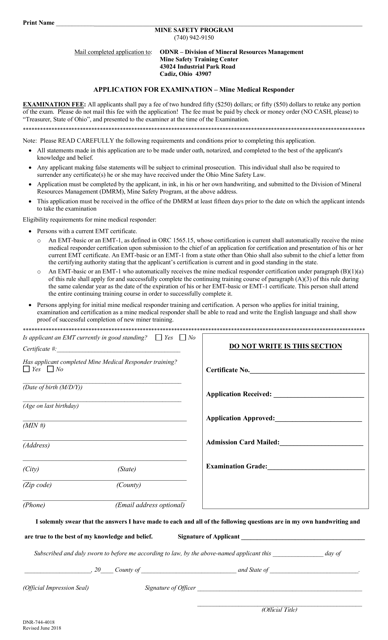 Form DNR-744-4018 Application for Examination - Mine Medical Responder - Ohio