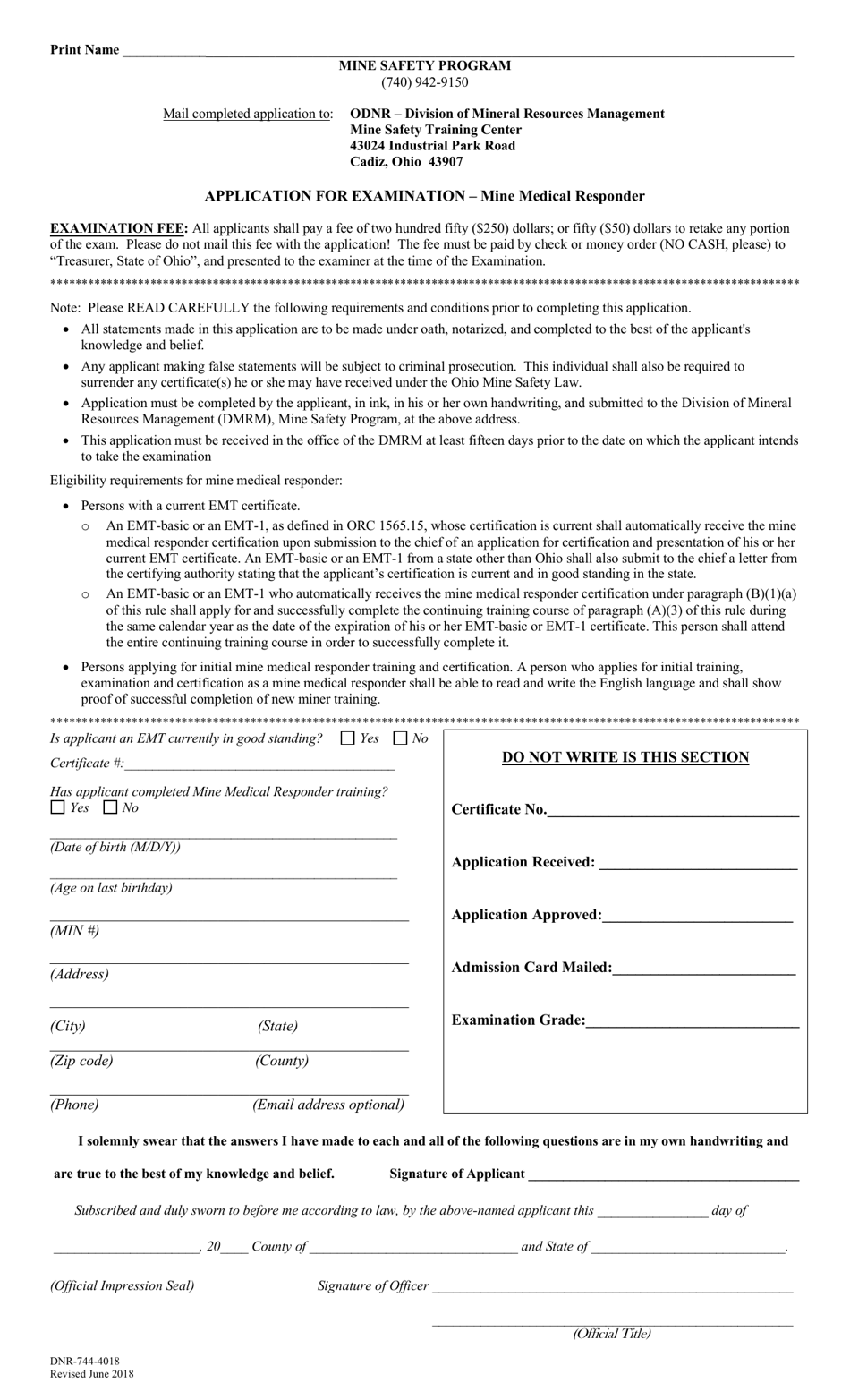 Form DNR-744-4018 Application for Examination - Mine Medical Responder - Ohio, Page 1