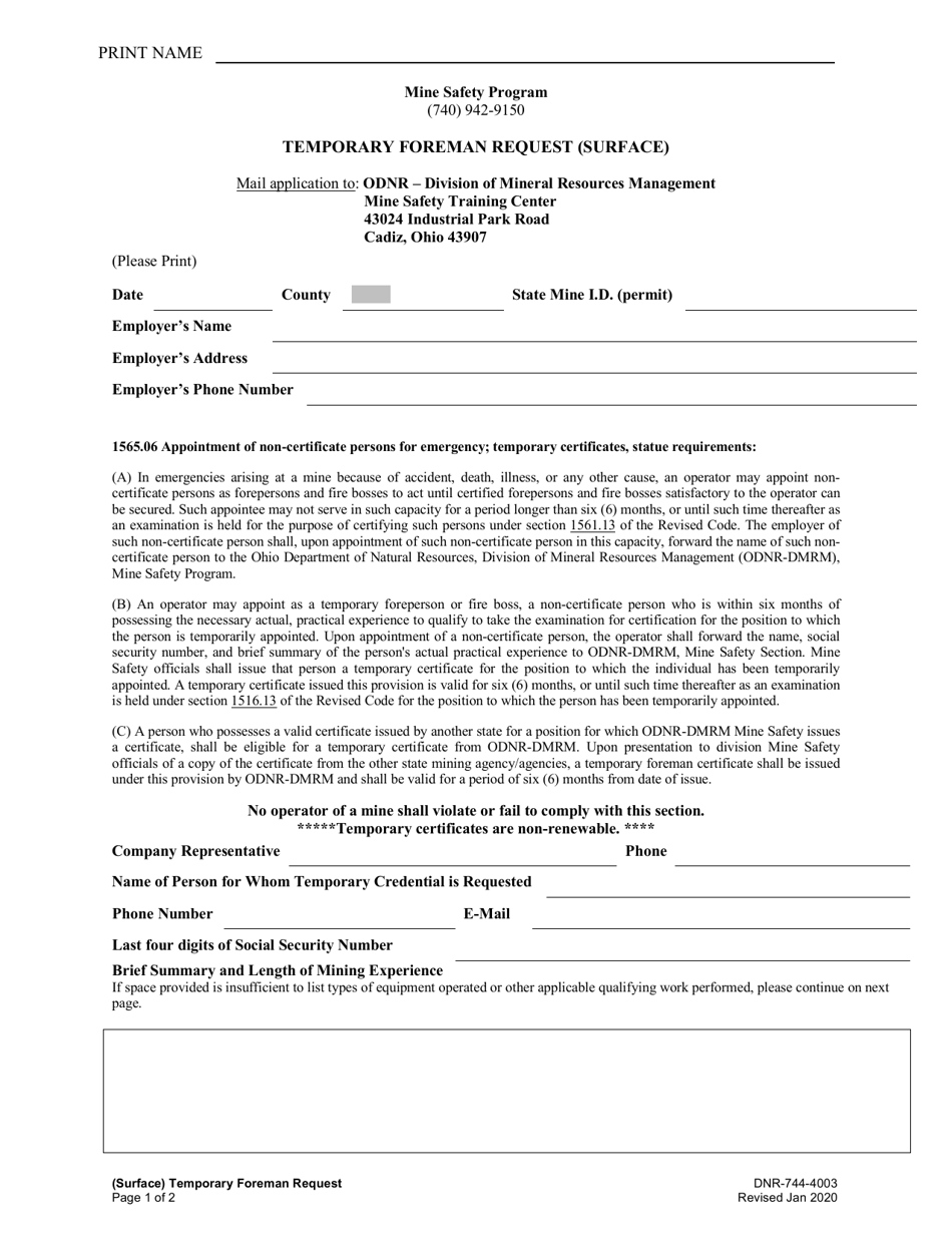 Form DNR-744-4003 Temporary Foreman Request (Surface) - Ohio, Page 1