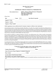 Document preview: Form DNR-744-4015 Temporary Foreman Request (Underground) - Ohio