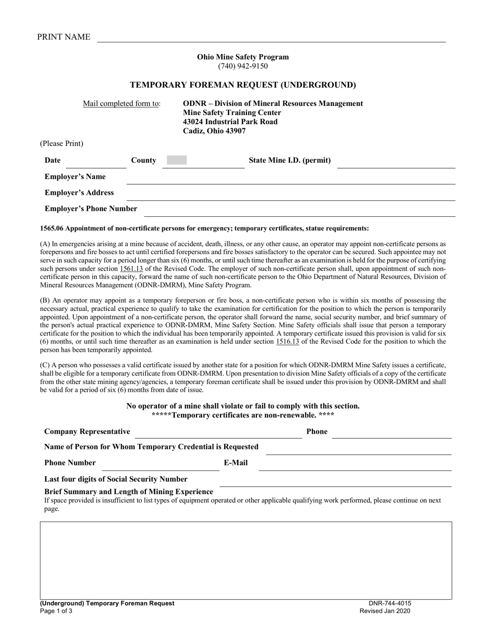 Form DNR-744-4015 Temporary Foreman Request (Underground) - Ohio, Page 1