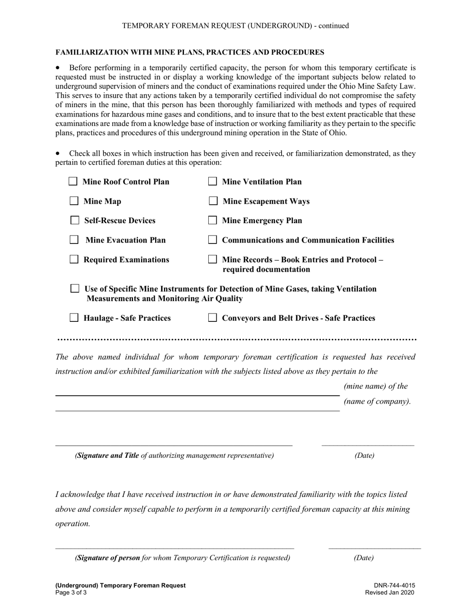 Form DNR-744-4015 Temporary Foreman Request (Underground) - Ohio, Page 3
