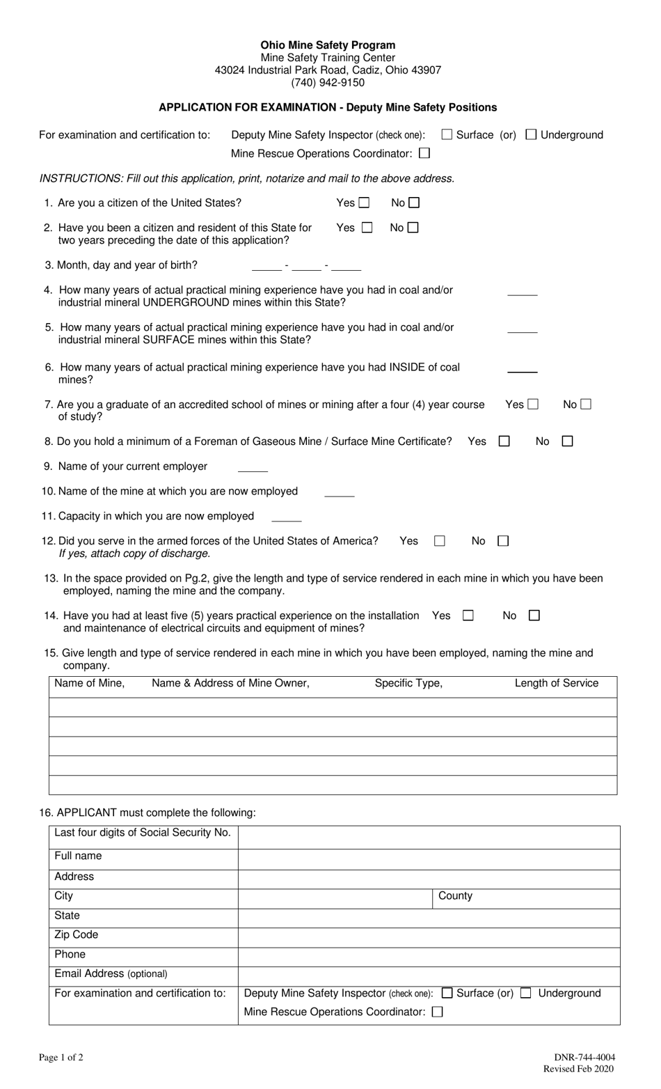 Form DNR-744-4004 Application for Examination - Deputy Mine Safety Positions - Ohio, Page 1