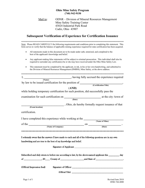 Form DNR-744-4000 Subsequent Verification of Experience for Certification Issuance - Ohio