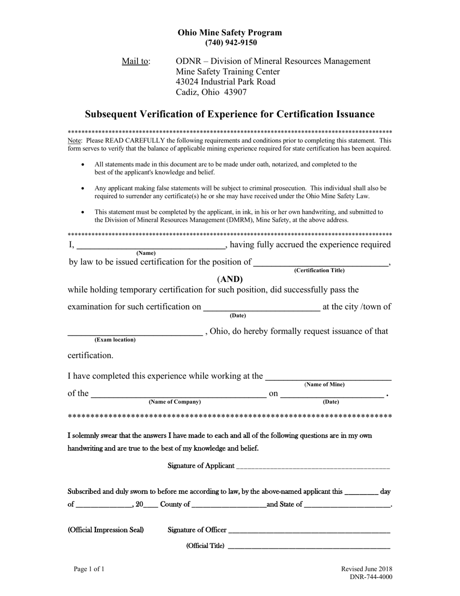 Form DNR-744-4000 Subsequent Verification of Experience for Certification Issuance - Ohio, Page 1