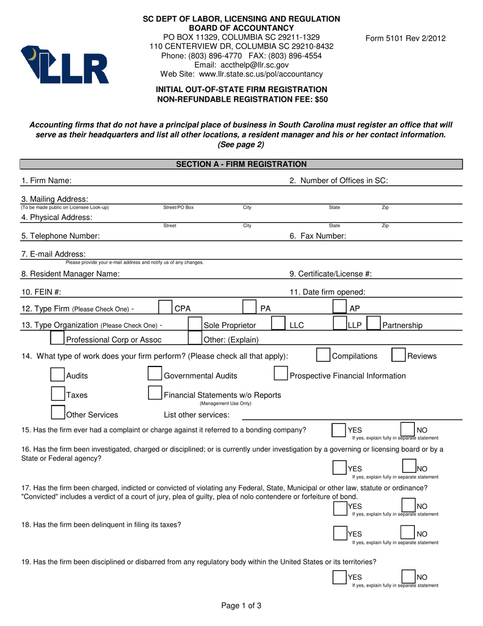 Form 5101 Initial Out-of-State Firm Registration - South Carolina, Page 1