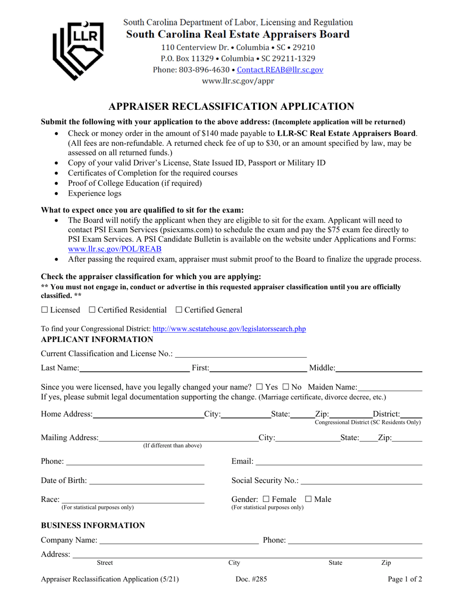 Form DOC285 Appraiser Reclassification Application - South Carolina, Page 1