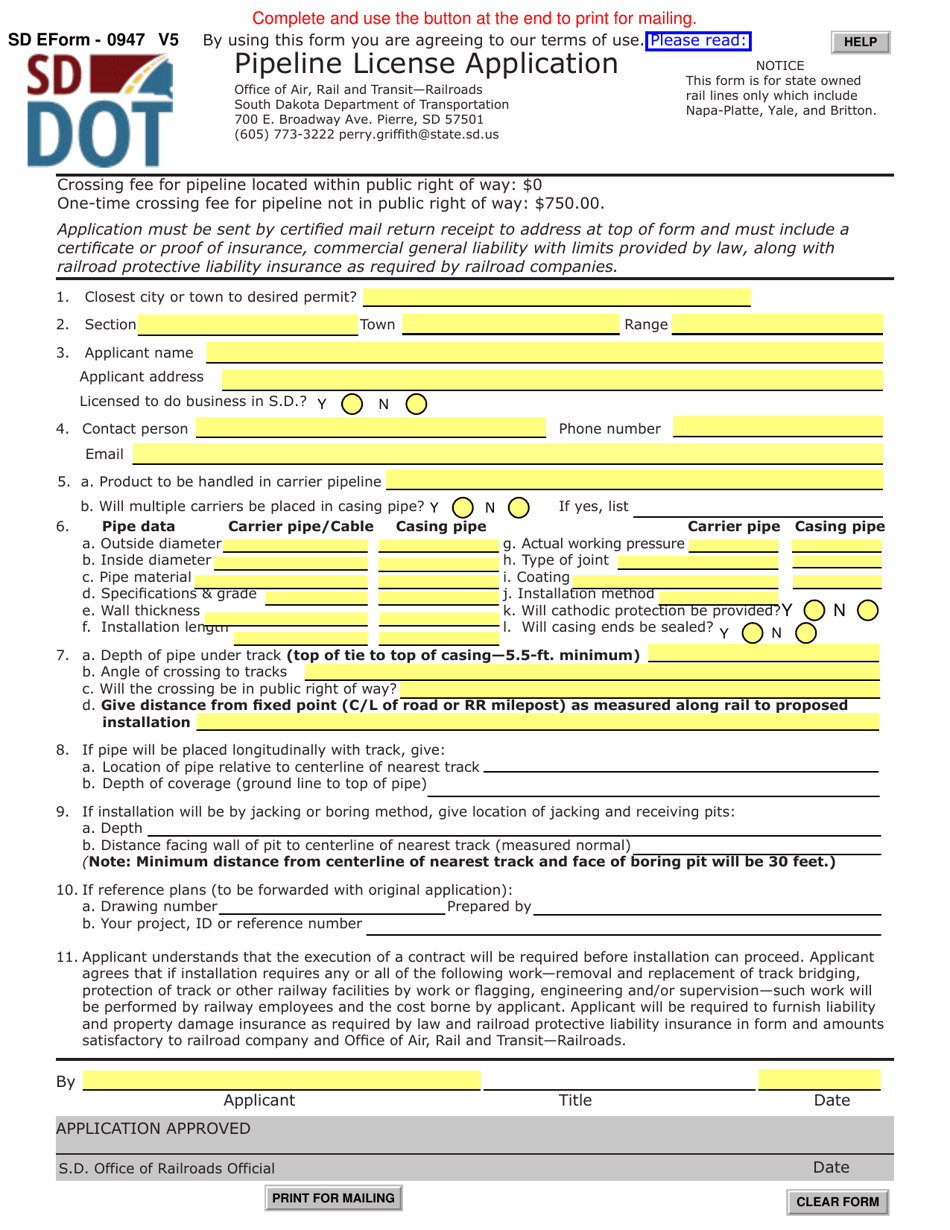 SD Form 0947 Pipeline License Application - South Dakota, Page 1