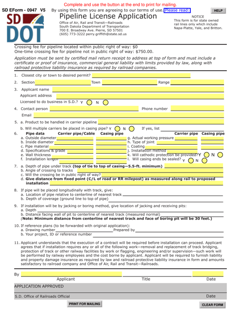 SD Form 0947 Pipeline License Application - South Dakota