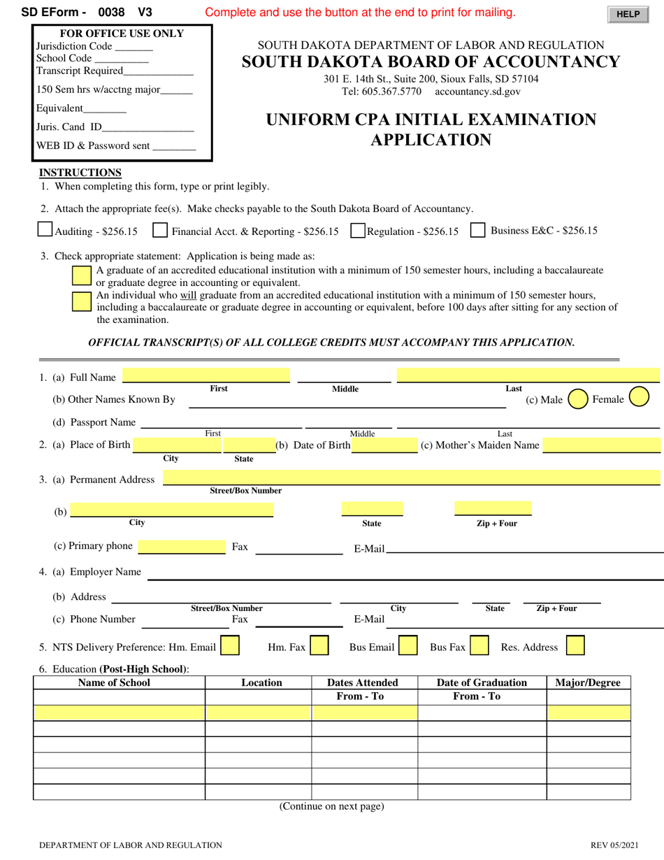 SD Form 0038 (BOA2) Uniform CPA Initial Examination Application - South Dakota, Page 1