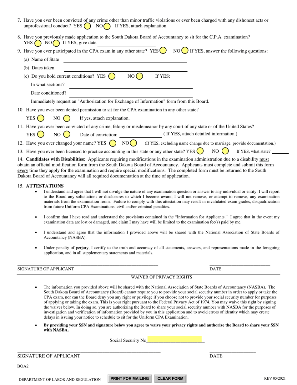 SD Form 0038 (BOA2) Uniform CPA Initial Examination Application - South Dakota, Page 2
