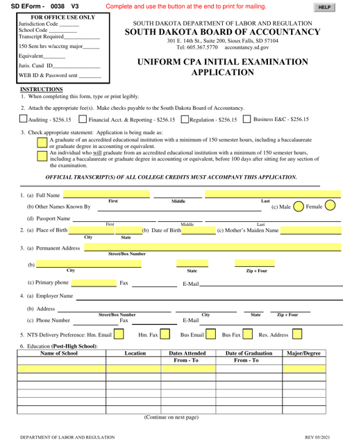 SD Form 0038 (BOA2) Uniform CPA Initial Examination Application - South Dakota