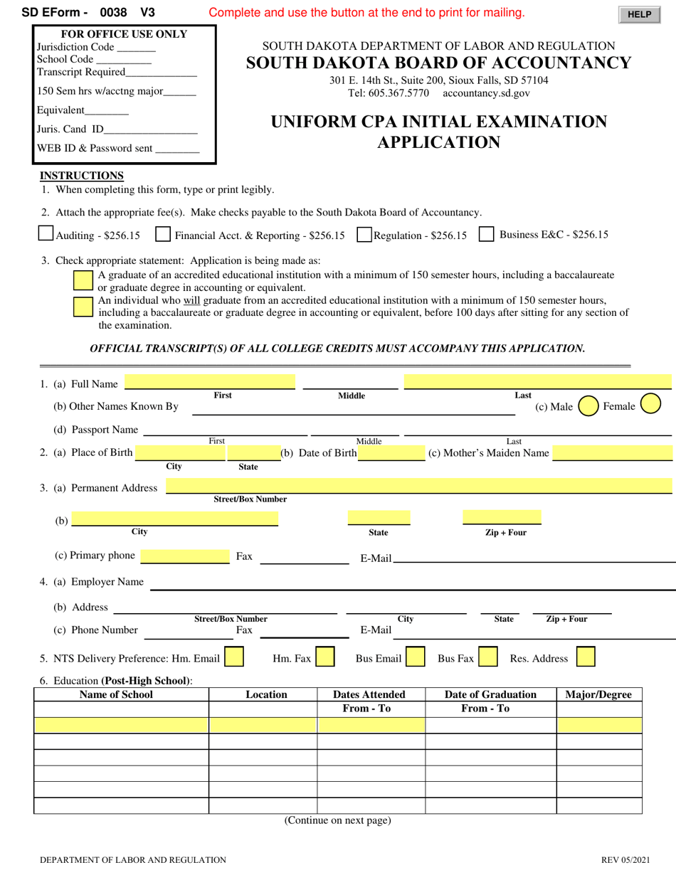 Sd Form 0038 Boa2 Download Fillable Pdf Or Fill Online Uniform Cpa Initial Examination 7549