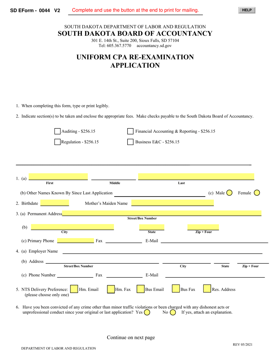 SD Form 0044 (BOA4) Uniform CPA Re-examination Application - South Dakota, Page 1