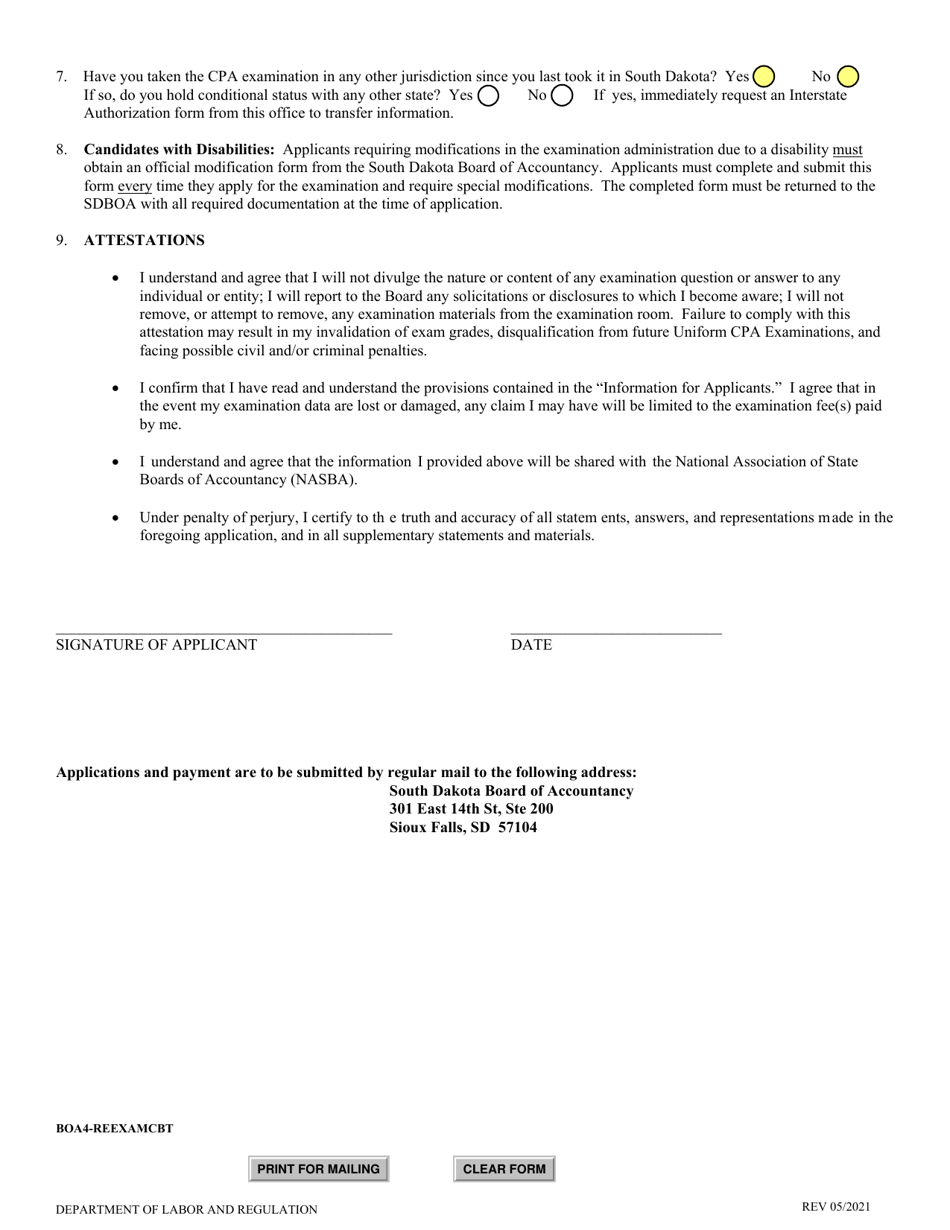 SD Form 0044 (BOA4) Uniform CPA Re-examination Application - South Dakota, Page 2