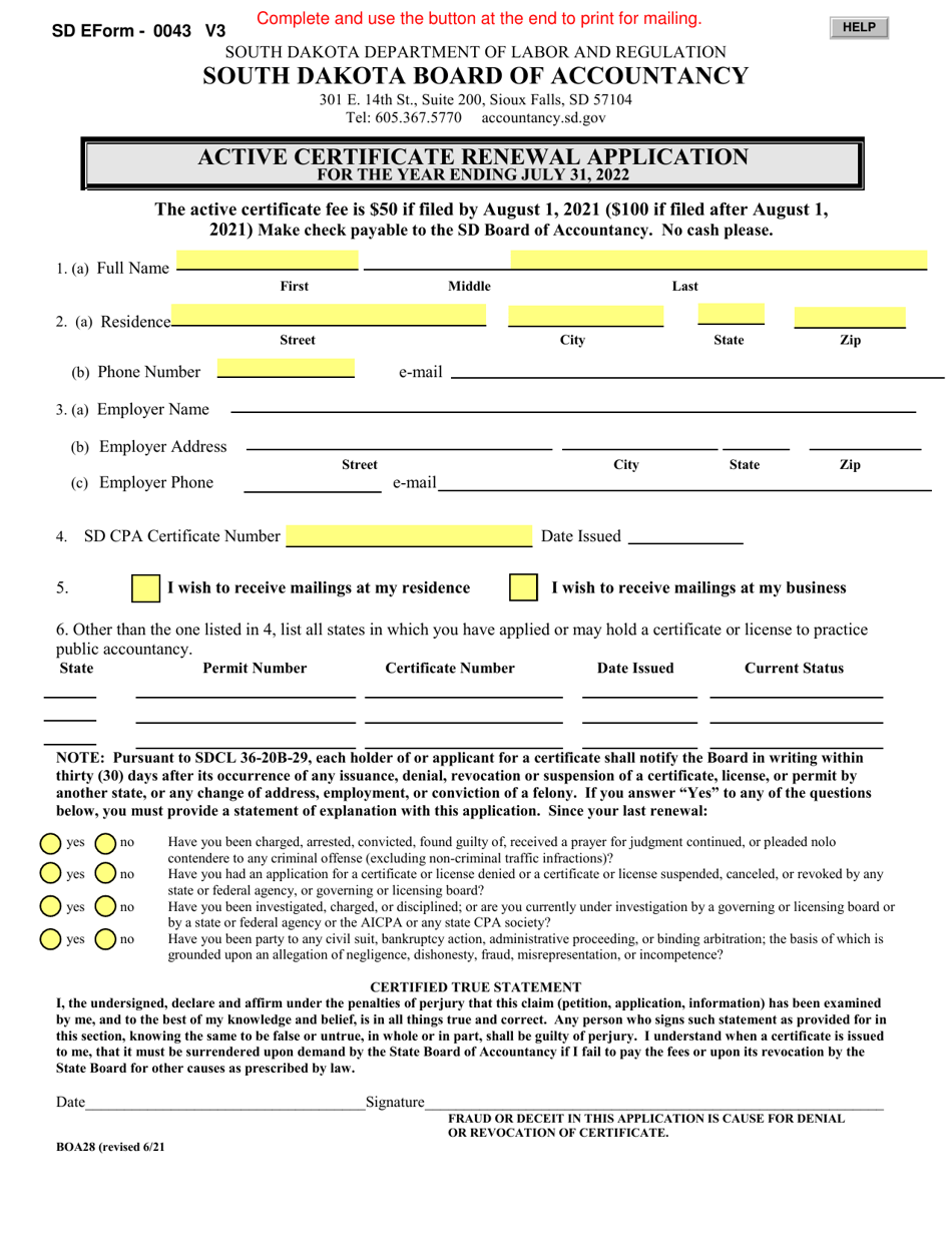 SD Form 0043 (BOA28) Active Certificate Renewal Application - South Dakota, Page 1