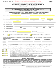 SD Form 0043 (BOA28) &quot;Active Certificate Renewal Application&quot; - South Dakota, 2022