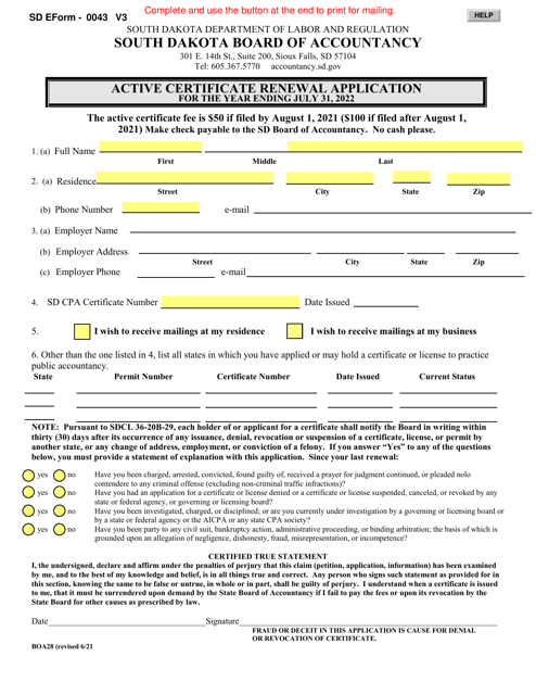 SD Form 0043 (BOA28) Active Certificate Renewal Application - South Dakota, 2022