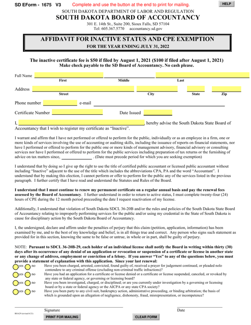 SD Form 1675 (BOA29) Affidavit for Inactive Status and Cpe Exemption - South Dakota, 2022