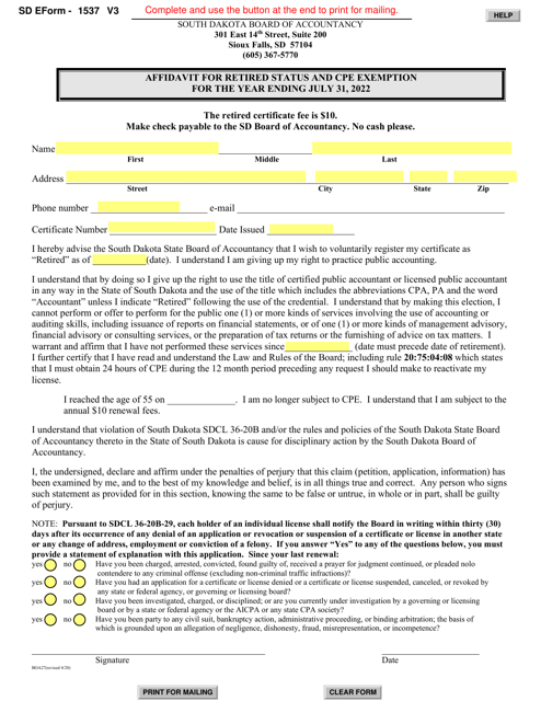 SD Form 1537 (BOA27) Affidavit for Retired Status and Cpe Exemption - South Dakota, 2022