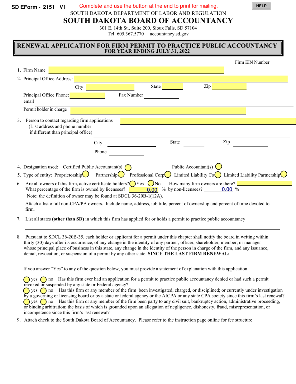 SD Form 2151 (BOA19) Renewal Application for Firm Permit to Practice Public Accountancy - South Dakota, Page 1