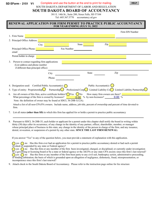 SD Form 2151 (BOA19) Renewal Application for Firm Permit to Practice Public Accountancy - South Dakota, 2022